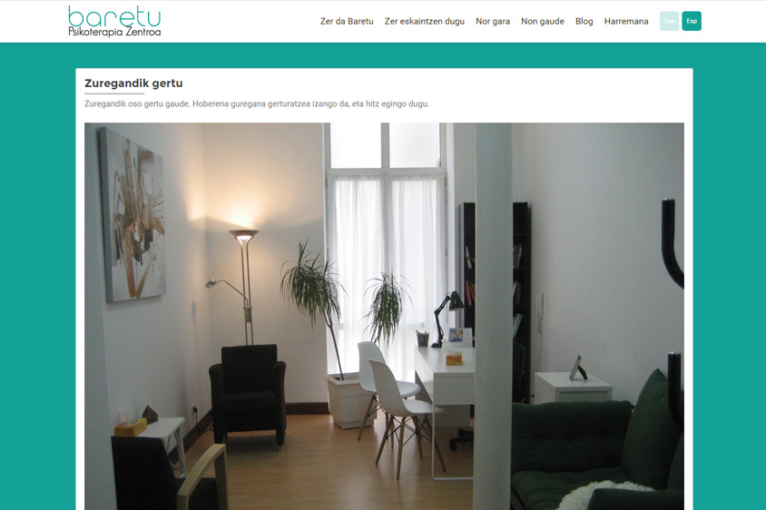 Captura de pantalla de la página web de Baretu psicoterapia
